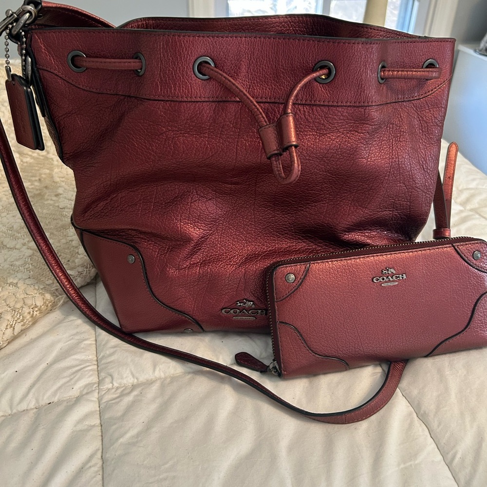 Coach Mickie Large Drawstring Bag w/ Matching Accordion Zip Wallet